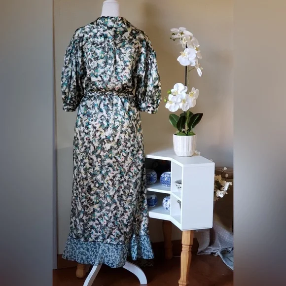 NWT DYVNA belted printed chiffon trimmed hammered silk satin midi length dress